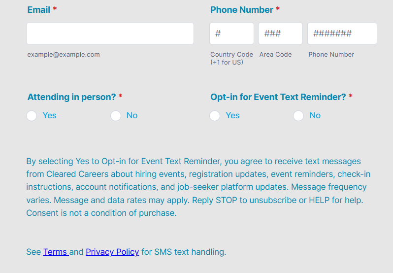 Cleared Careers SMS opt-in checkbox shown on event registration form